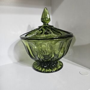 Anchor Hocking Green Glass Covered Candy Dish